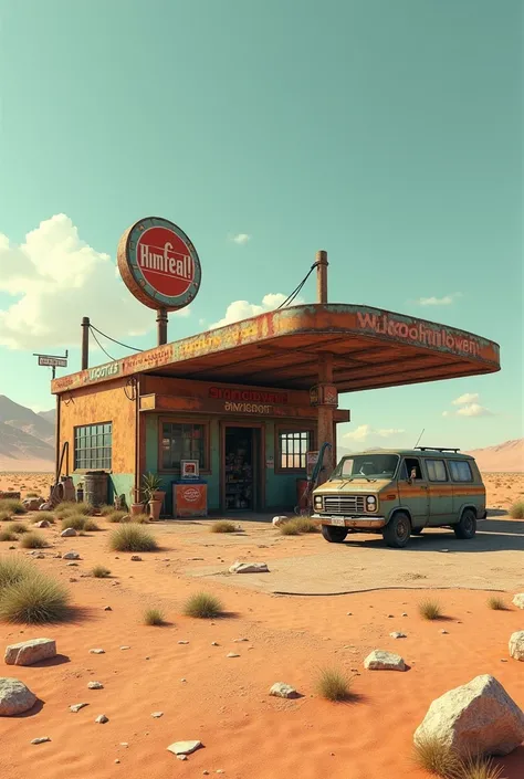 (photorealism:1.2), post-apocalyptic gas station in desert with broken down work van 