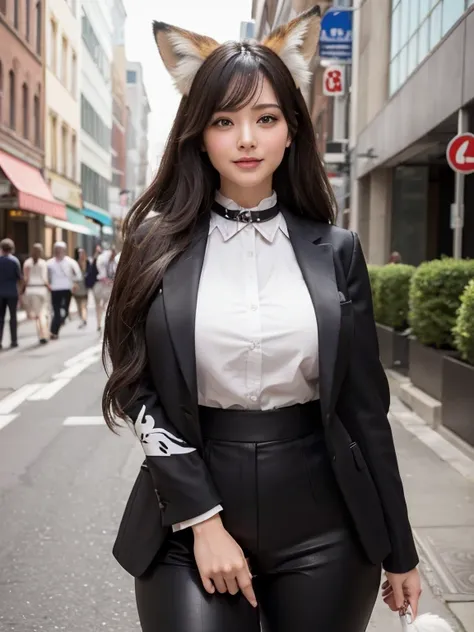 ((Best Quality, 8k)), ((masterpiece)), (Highest Resolution), Perfect Face, Woman with fox ears, Office Lady, Beautiful woman, It was taken on a street corner, Only one tail, She has thick thighs, Her big fox tail, I can see her fox tail, She wags her tail,...