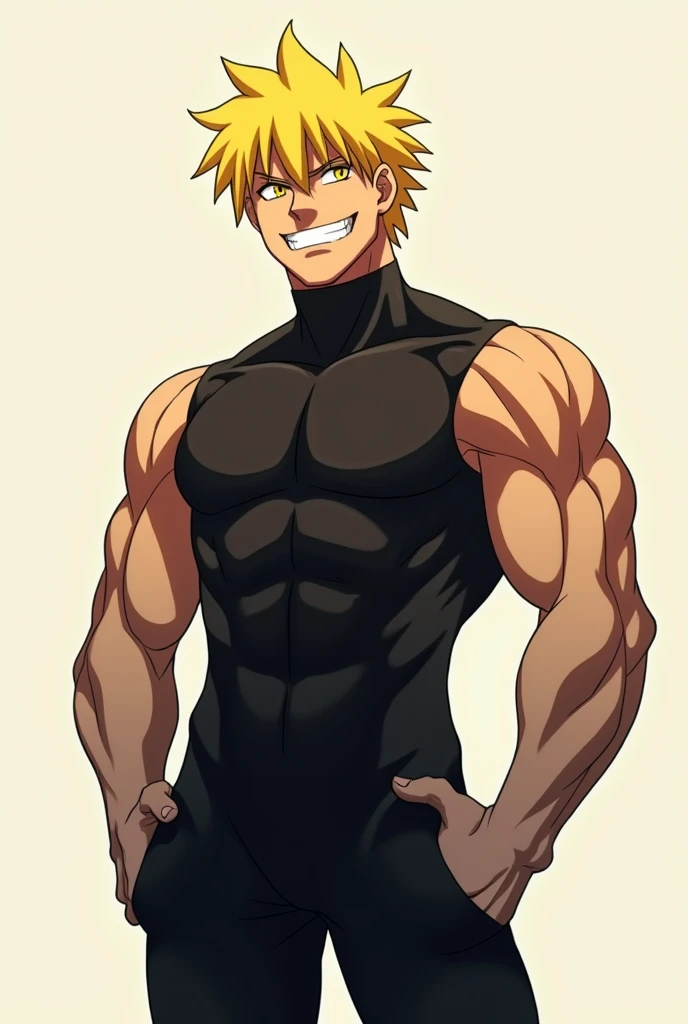 male anime character (man)  in good shape, Her hair is short straight blonde and yellow and her eyes are yellow as well while she smiles cynically wearing a black bodysuit. 