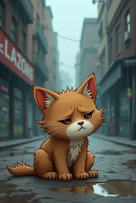 In Cartoon style do:
A sad and dirty brown cat lives on the street, it is raining, he is covered in mud, the sky is dark
