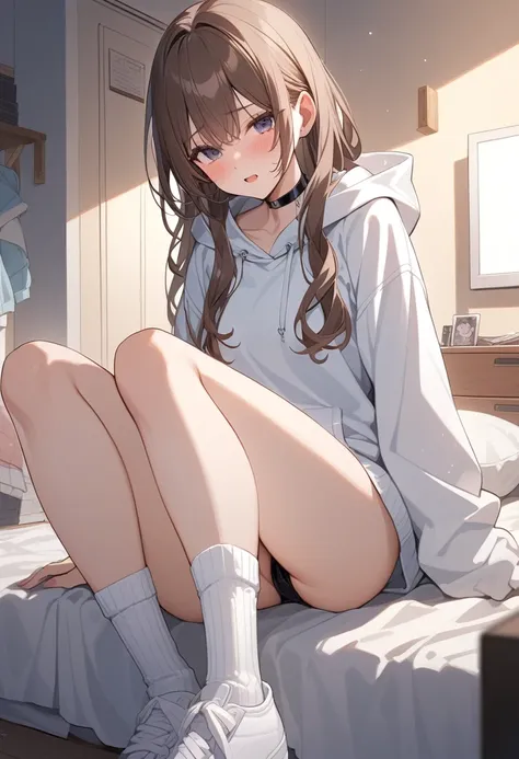 NSFW, Build something amazing, Loose elastic white ribbed ankle socks Highly detailed.Black choker, Brown Hair、My Room.Rich high school girl. Breaker.A cute slave wearing a hoodie came to celebrate my birthday..My slave girlfriend was a recluse and was shy...