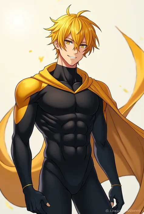 male anime character (man)  in good shape, Her hair is short straight blonde and yellow and her eyes are also yellow while she smiles wearing a black bodysuit. 