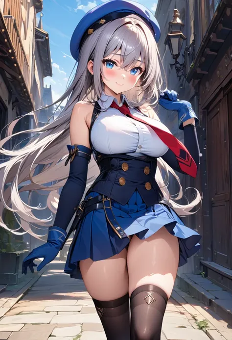 (masterpiece),(best quality),(ultra-detailed),(best illustration),(best shadow),(absurdres),(detailed background), 1girl, solo, thighhighs, hat, gloves, blue-eyes, blue-footwear, boots, beret, smile, breasts, skirt, full-body, blue-headwear, looking-at-vie...