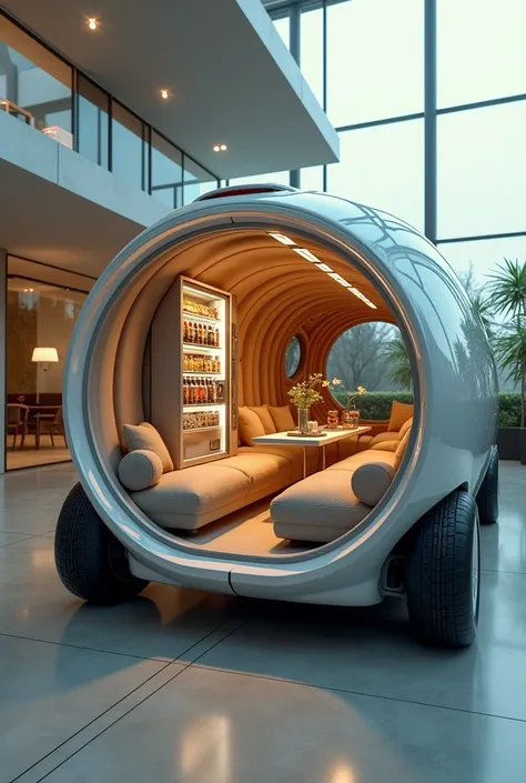 Design a futuristic car featuring spherical wheels that allow movement in all directions. The interior should have plush, sofa-like seats arranged for a cozy living room experience. In the back, include a vending machine stocked with snacks and beverages. ...