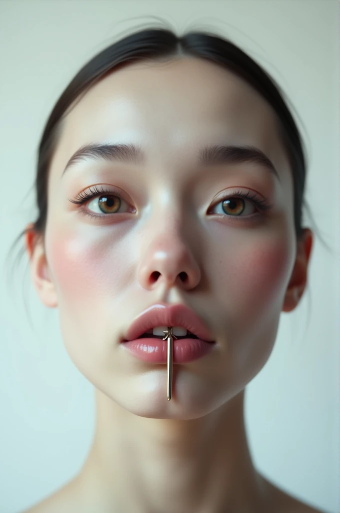 "Create an image of a female human with a vertical labret piercing on her bottom lip. The subject should have no discernible ethnicity, focusing on the piercing as the main feature."