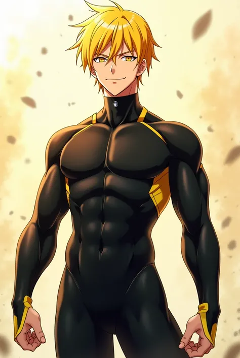 male anime character (man)  in good shape, Her hair is short straight blonde and yellow and her eyes are also yellow while she smiles wearing a black bodysuit. 