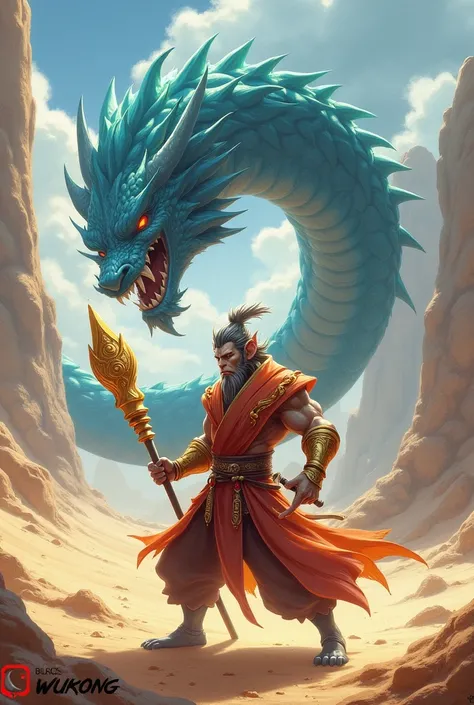 crée black myth wukong le personnage principale du jeux vidéo sortie en 2024 , le roi singe dans le désert face à un dragon bleu 