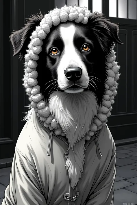 Realistic big border collie with big eyes and light fur in sheep costume in peaky blinders style black and white coloring page comic 