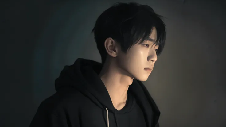 a photorealistic photo of attractive kpop asian male, standing in the distance, muscular, short messy white hair, black hoodie, looking down, face hidden, film grain, dark room, smoke surrounding, high resolution, 8k, photorealistic, studio photo