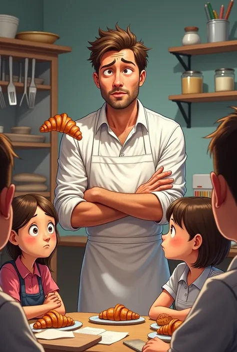 
Imagine a scene in a vibrant cooking classroom, where a passionate gastronomy teacher, visibly frustrated, holds a freshly baked croissant in one hand. The teacher&#39;s expression conveys a mixture of disappointment and determination as he addresses a gr...