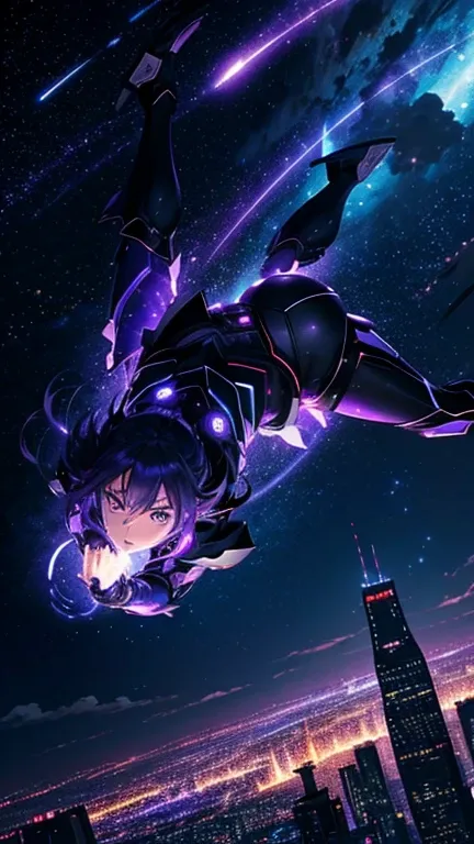 I want a character with anime style armor, you can use a dark purple sky background with bright, twinkling stars and a futuristic city below. Add the character falling into a dynamic pose, with a trail of light or energy around them to highlight the moveme...