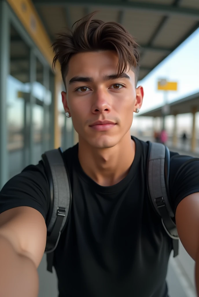 (photorealism:1.2), beautiful boy Twenty-year-old athletic boy, white skin, straight brown hair, black eyes, well-formed eyebrows and eyelashes, Caucasian, small and shiny earrings, black t-shirt and jeans, having a selfie at a bus station