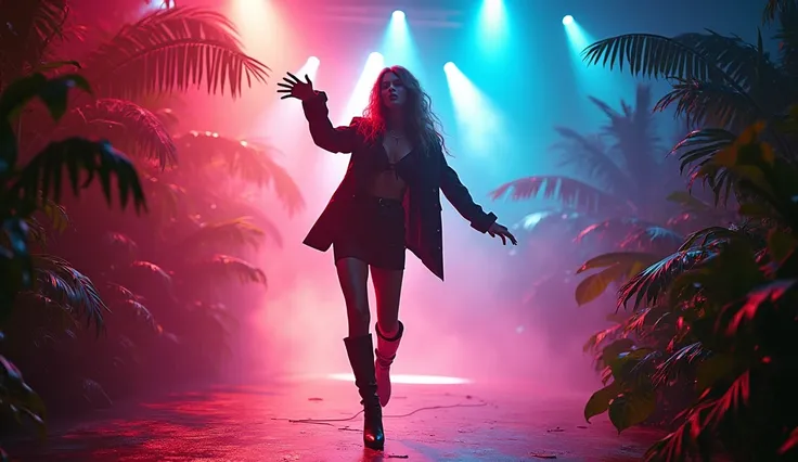 Camera movement in a circle: The camera pans around the singer as she sings the verse "Crashing through the jungle with my boots on tight". She kicks the air and makes dramatic gestures with her hands., with his uninhibited and theatrical attitude. The sta...