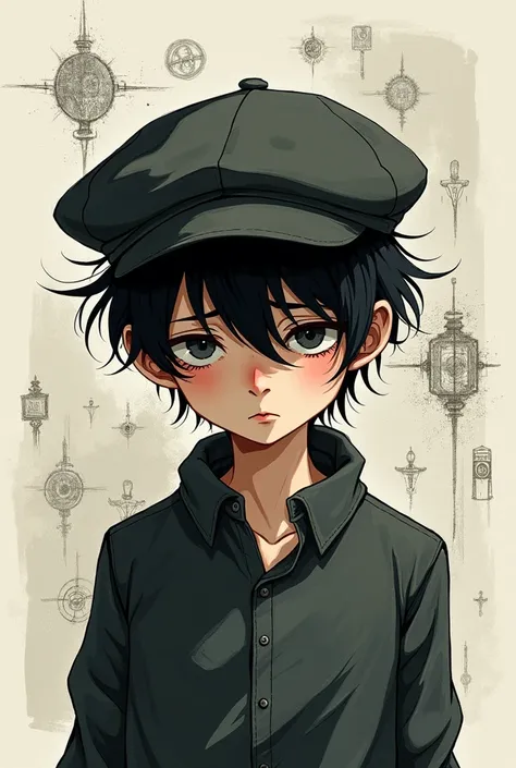 Black-haired boy in flat cap sad with depressive emotions depicted in doodles