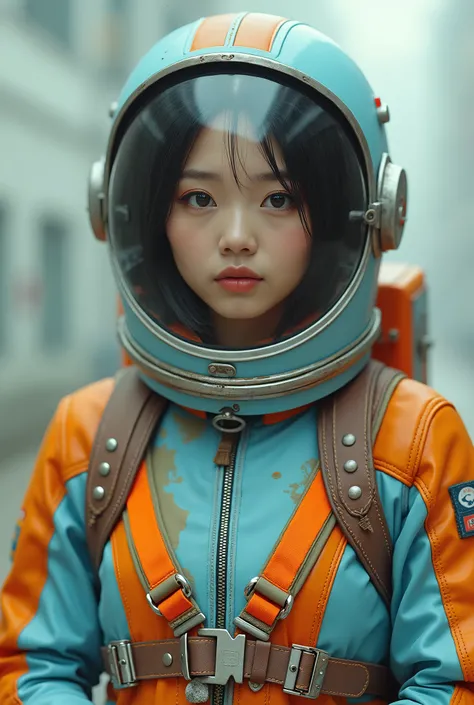 live-action、Real、A pilot suit with a retro space suit design in light blue and orange、boots、Thick gloves、Rugby thick headgear、Beautiful Asian Woman
