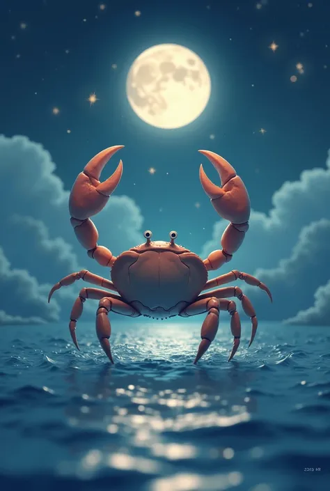 Imagine a soft and welcoming image. in the center, a stylized crab, representing the sign of Cancer. The crab could be in an elegant pose, with its claws extended to symbolize protection and care. In the background, a night scene with the full moon shining...