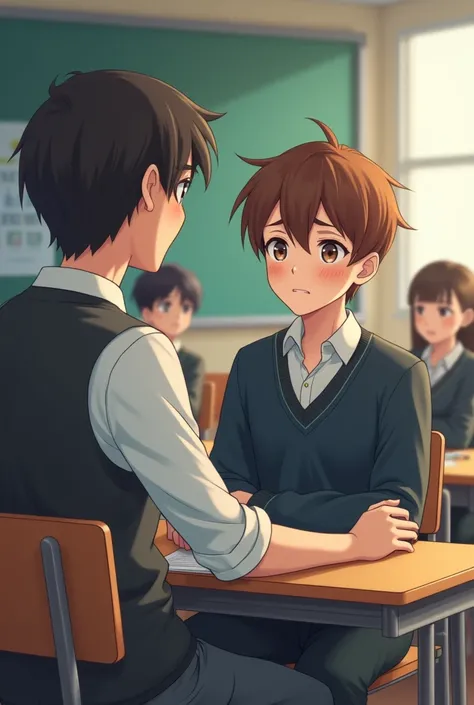 teacher asking what&#39;s wrong with  boy, brown hair in school uniform, male sex scenario a school classroom