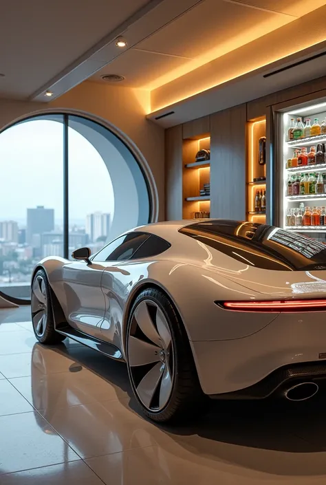 Design a futuristic car featuring spherical wheels that allow movement in all directions. The interior should have plush, sofa-like seats arranged for a cozy living room experience. In the back, include a vending machine stocked with snacks and beverages. ...