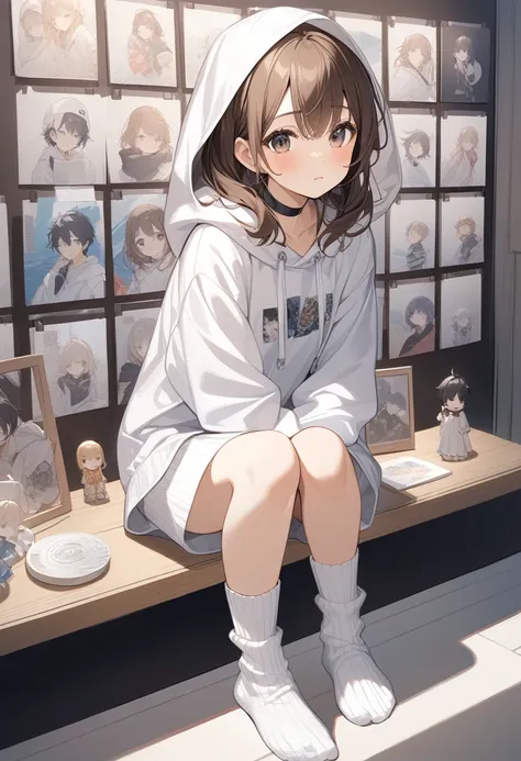 Build something amazing, Loose elastic white ribbed ankle socks Highly detailed.Black choker, Brown Hair、Women. Breaker.A cute hikikomori wearing a hoodie.I woke up to find myself on display at a Hikikomori exhibition.