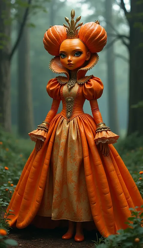 a beautiful humanoid character made of orange carrot, the Queen of Hearts from the wonderland, wearing a highly detailed and intricate costume, full body shot, in a surreal and mysterious forest, (best quality,4k,8k,highres,masterpiece:1.2),ultra-detailed,...