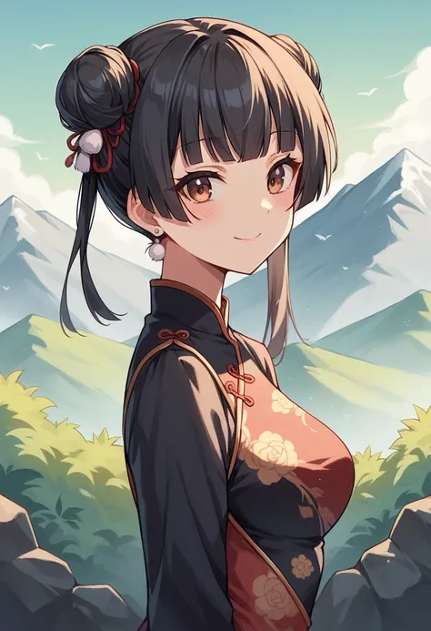 mayuzumi fuyuko, 1girl, solo, looking at viewer, blush, smile, black hair, long sleeves, hair ornament, closed mouth, jewelry, medium breasts, brown eyes, upper body, outdoors, earrings, sky, cloud, blunt bangs, black dress, from side, looking to the side,...