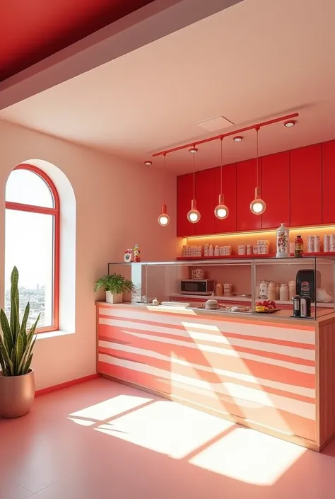 Beautiful interior design for new and modern ice cream shop with red brand colors, beige and white, but without necessarily painting the interior in those colors.with shapes like stripes. White roof not so red. It only has a small window in the store
