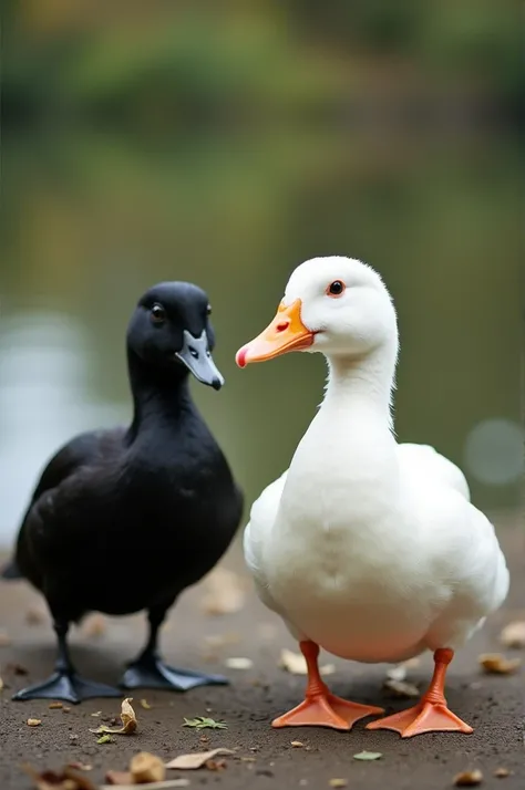 White duck next to a black one 

