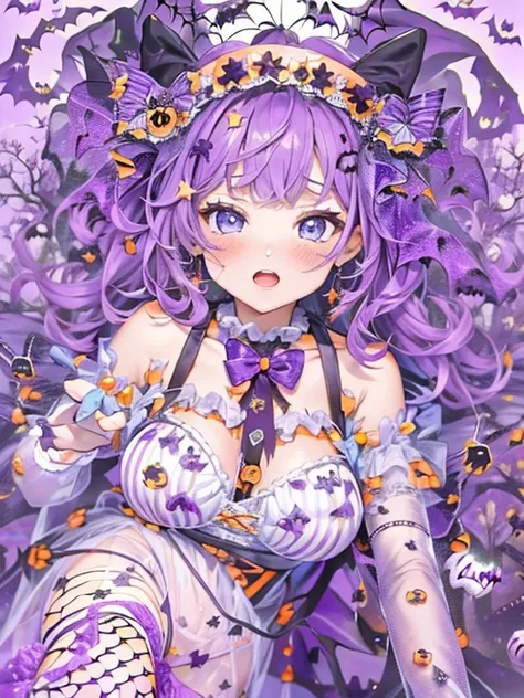 masterpiece, the best, the best, Official Art, Beauty: 1.2), (One Girl), Very detailed, (Fractal Art: 1.3), ((halloween colorful: 1.7)), Most detailed, Purple Hair, Curly perm, Shortcuts, Big eyes, Japanese women, (Ruffled cuffs, Chiffon lace ribbon suspen...