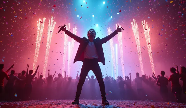 Final explosion of colors and lights: At the end of the chorus, "Yeah, were taking the night", the camera zooms out as an explosion of colorful lights and confetti covers the stage, the singer strikes a triumphant pose with the microphone in hand and a def...