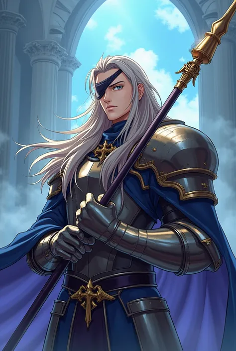 Create a younger anime style Odin with long hair and his iconic eyepatch without a beard that looks like a 30 year old adult that is white and with his spear that has the Fate Grand Order animation style without a beard and with full armor and that he look...