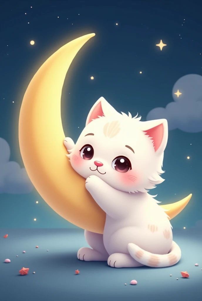 a cute animated white cat hugging a moon