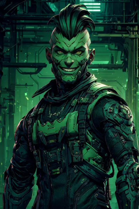 Villain, sci fi male, evil smile, a rat-faced, thin man with lots of scars and cybernetic prosthetics arm, Xtreme, open black torn leather vest, dirt on his clothes and face, black outfit, toxic green punk mohawk ,in sewers, dramatic lighting, realistic co...