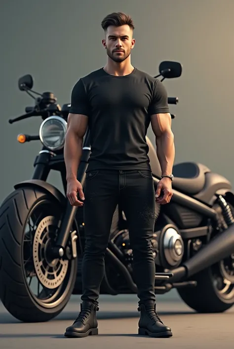 High quality of a mockup of a man wearing black t-shirt with rocker style. Front view. Back to him a motorcycle. Mockup contains t-shirt, pants, shoes and motorcycle.