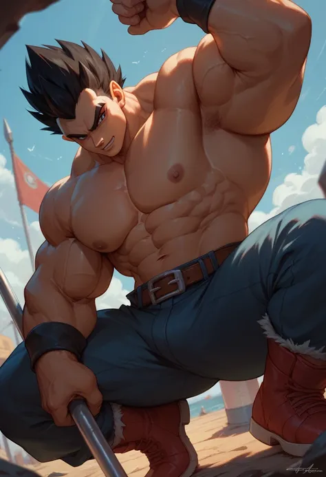 highest quality,anatomical,huge muscles,a mix of vegeta and kogenta,demon body,holding one&#39;s head in pain,sexually attractiv...