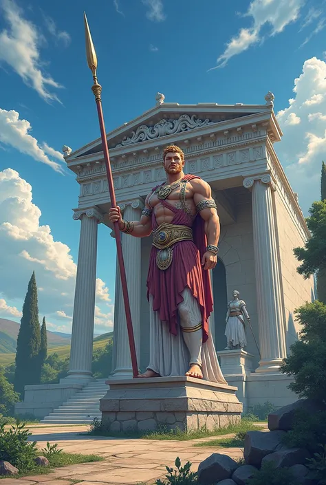 Depict an anime-style scene featuring statues of legendary Greek warriors arranged around a grand temple.

Arcas: Portray Arcas as a strong and noble figure in a dynamic stance, holding a spear. His statue should reflect his status as a skilled hunter and ...