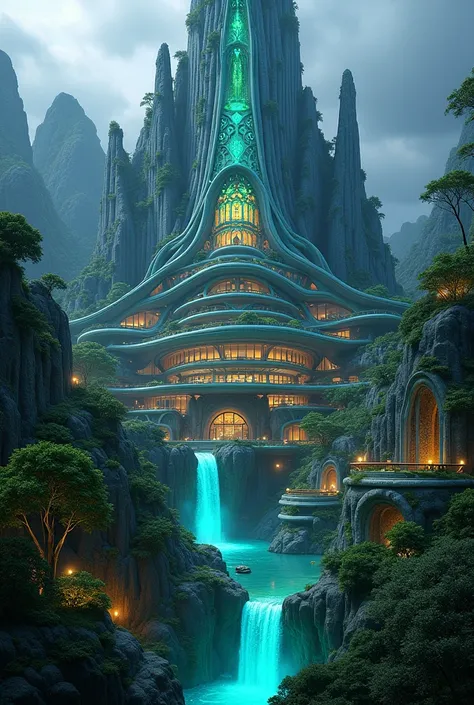 A 4-level hotel inspired by Starlight Avatar, with blue and green colors 