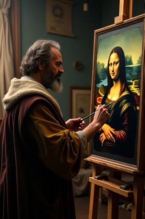 Create an image of Leonardo da Vinci painting the Mona Lisa