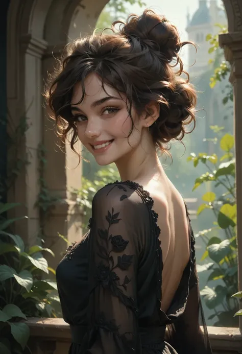 a beautiful woman, smiling, messy bun hair style, natural and highly detailed skin texture, glamorous, black dress, beauty of simplicity, highly detailed, 