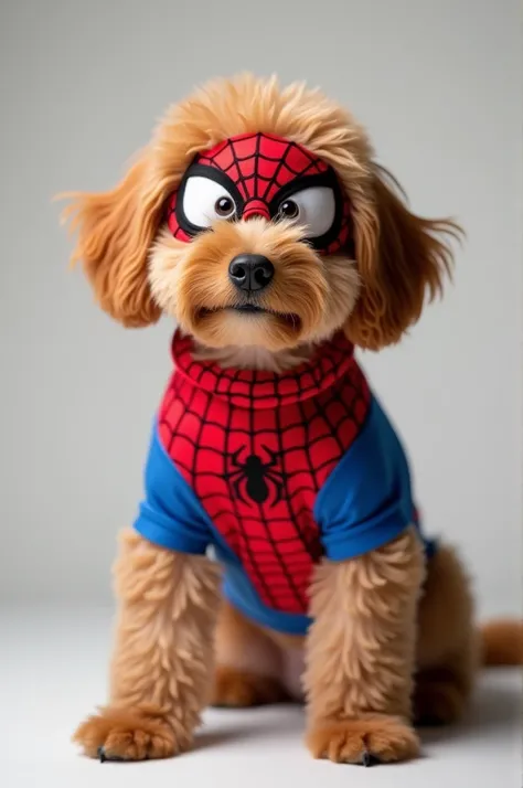 Cute brown dog in spiderman outfit 