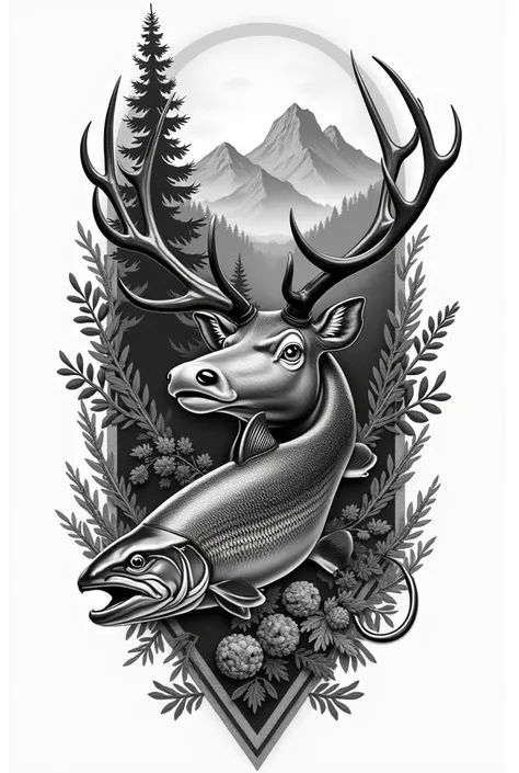 (photorealism:1.2), create a long thin horizontal rectangle sketch with a Montana hunting and fishing design in black and white tattoo design