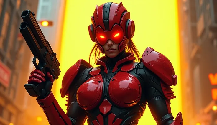 Frontal combat stance of the armored female warrior, her imposing physique and striking red and black armor accentuated by the LED spotlights bright yellow beam. Her piercing red-orange cyber eyes glow beneath the transparent glass shield, radiating intens...