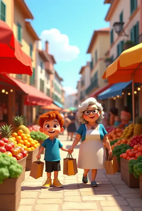 Pixar 3d animation style, Disney, we see at the street fair, with colorful stalls full of fresh fruits and vegetables, a three year old boy named Bento who has red hair and brown eyes. Bento wears a blue blouse, black shorts and yellow sneakers, he is walk...