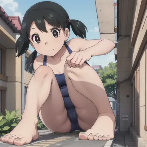 drsizukachan1, Explicit, Shizuka Minamoto, (1 girl, <xml><input>alone</input></xml>, black hair, black eyes, Twin tails, competition swimsuit, barefoot, looking at the viewer, session, feet in focus, soles, toes, In the busy city the people are scared), No...