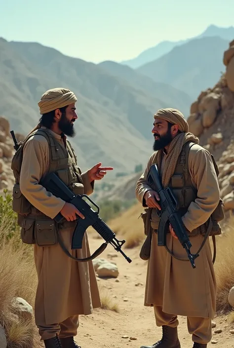 Realistic image of Afghan Mujahideen during the soviet invasion, talking in the arid mountains of Afghanistan 1979