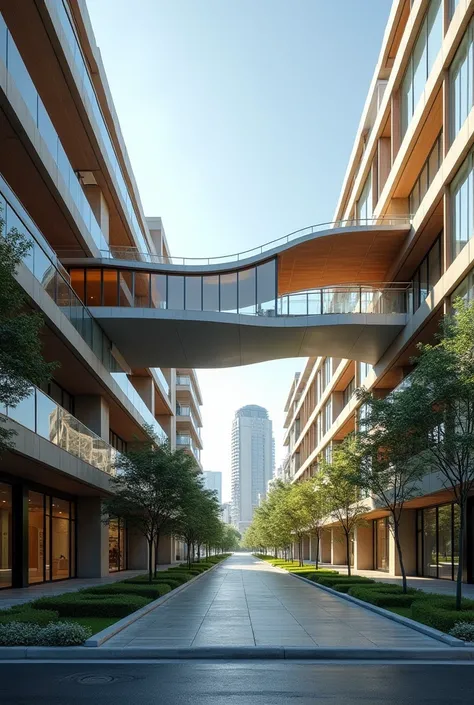 Create a covered walkway elevated from the ground, connecting two buildings in a more organic way, with modern curves 
