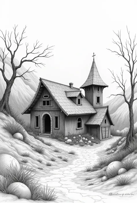 Desolate village pencil drawing