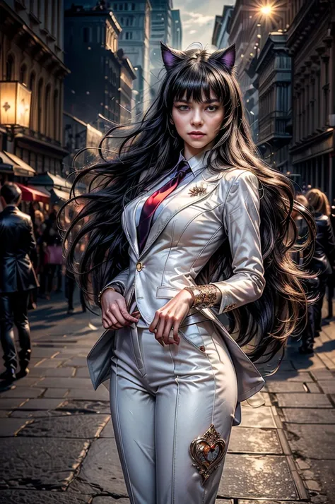 (masterpiece, best quality:1.2), cowboy shot, blake belladonna, cat ears, expressionless, closed mouth, long_hair,formal, white suit, red necktie, white pants, pointy footwear,  jewelry, night, stars, in city center, Krakow, southern Poland, crowds, (maste...