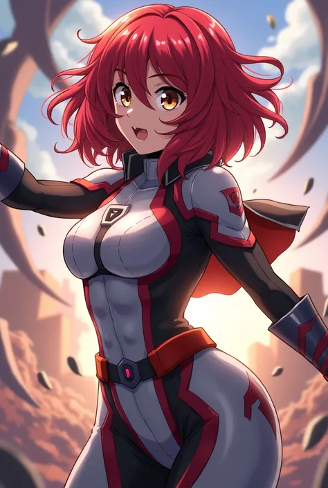  Boku No Hero Academia anime panel of a female. She has brown eyes and red hair. She is a hero, she/he is wearing a gray and red hero costume. Her power is to manipulate the shape of things and telequinesias 