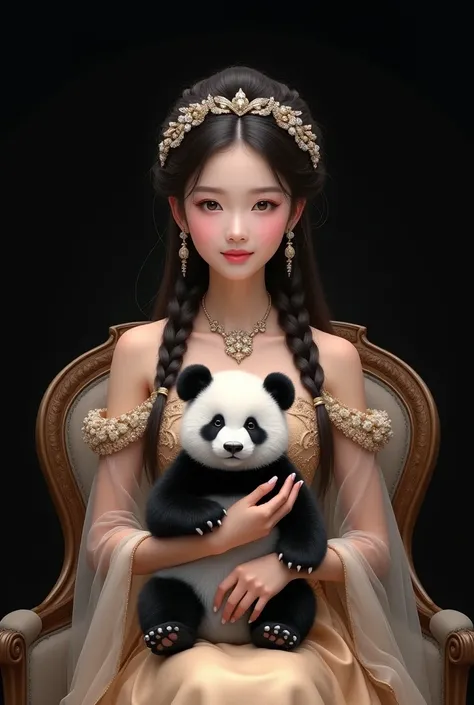 original portrait, a beautiful asian girl, 2, beautiful braided hair with jeweled headbands,smiled faintly, sitting on a chair wearing a beautiful princess dress, holding a cute little panda cub with thick black and white fur. inscribed((panda)), latar war...