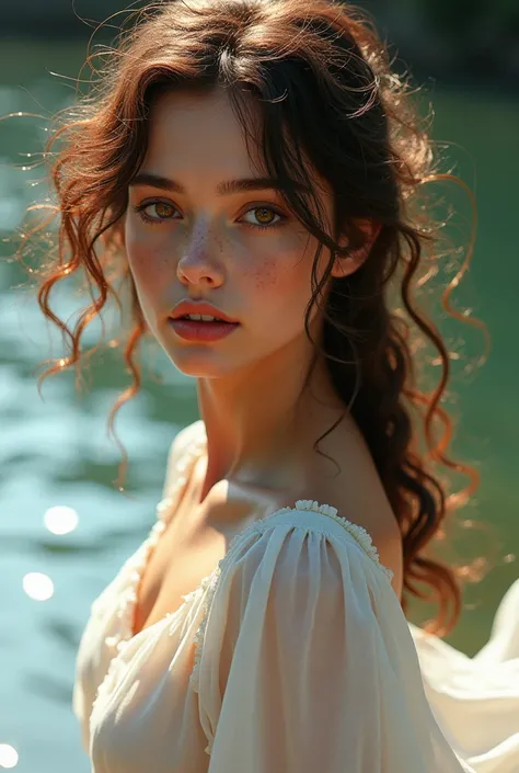 Create a brunette, curly and very voluminous hair , brown eyes, brown hair color with sun reflection becomes reddish, has freckles on his face, brown eyes e dentes da frente São separados. I want her with a white dress flying in the wind and her in front o...